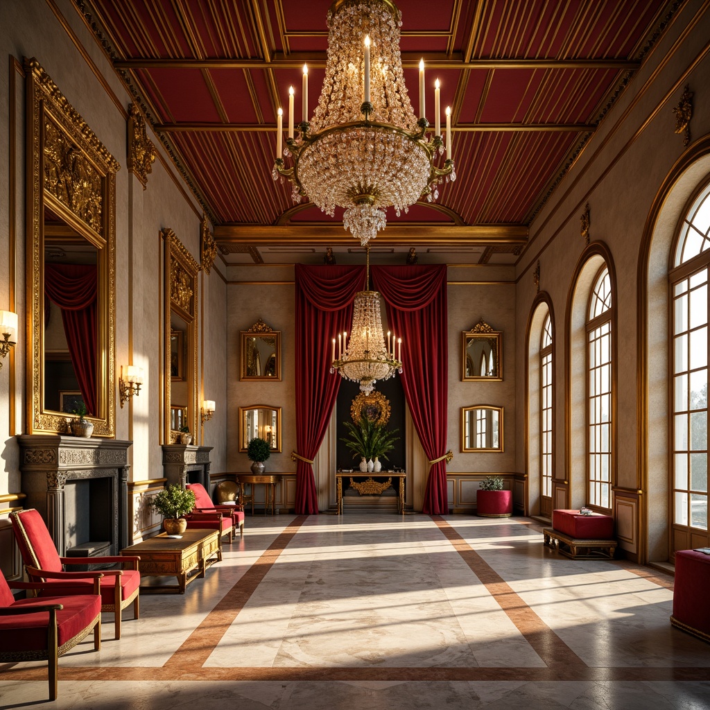 Prompt: Opulent palace interior, rich velvet drapes, golden ornate frames, lavish crystal chandeliers, intricate marble flooring, luxurious silk fabrics, warm beige stone walls, grandiose high ceilings, dramatic curved archways, ornamental gilded mirrors, vibrant jewel-toned accents, soft candlelight illumination, shallow depth of field, 1/1 composition, realistic textures, ambient occlusion.