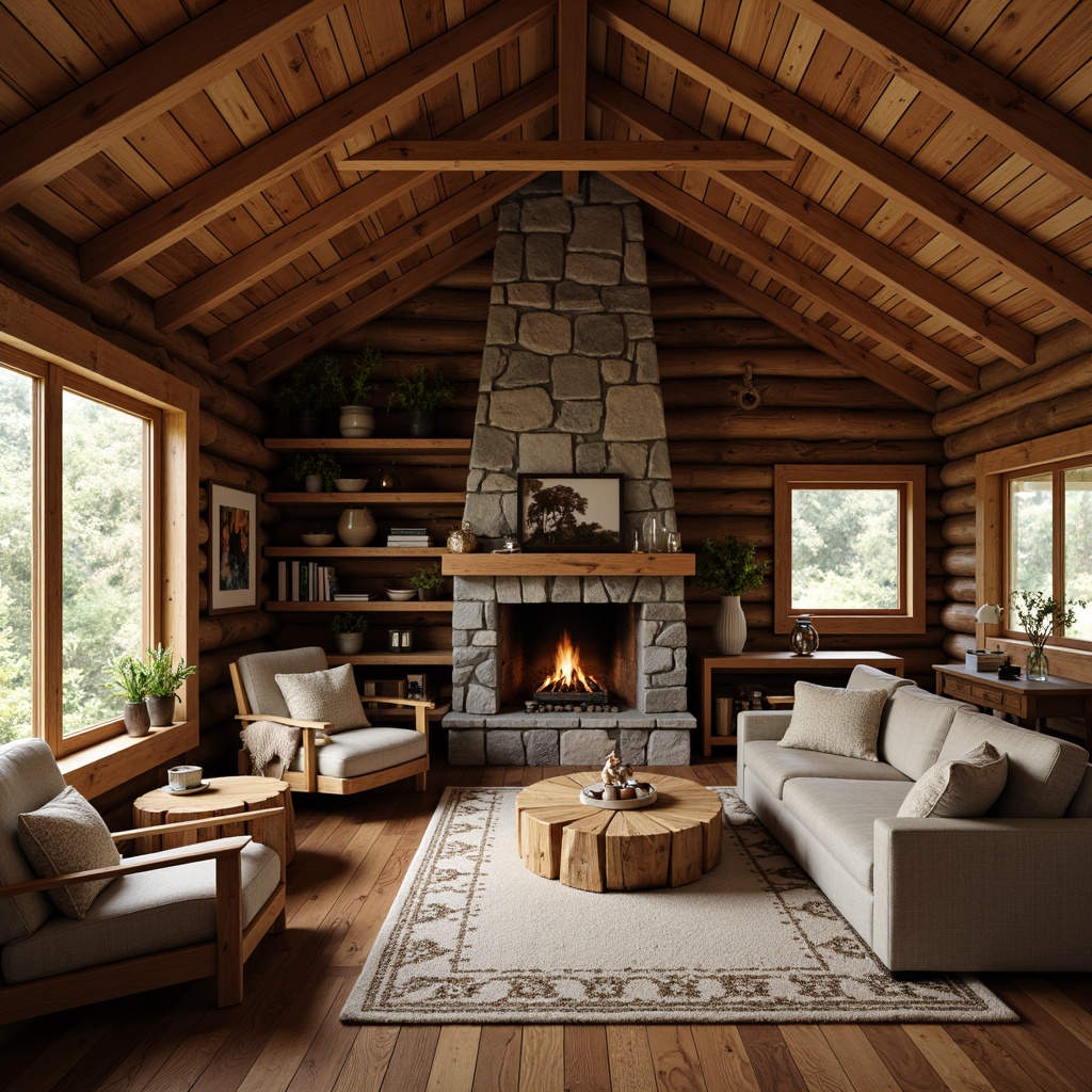 Prompt: Rustic wooden cabin, reclaimed wood accents, earthy color palette, natural textures, organic shapes, handcrafted furniture, wooden beams, stone fireplace, cozy ambiance, warm soft lighting, shallow depth of field, 1/1 composition, intimate atmosphere, realistic wood grain, ambient occlusion.