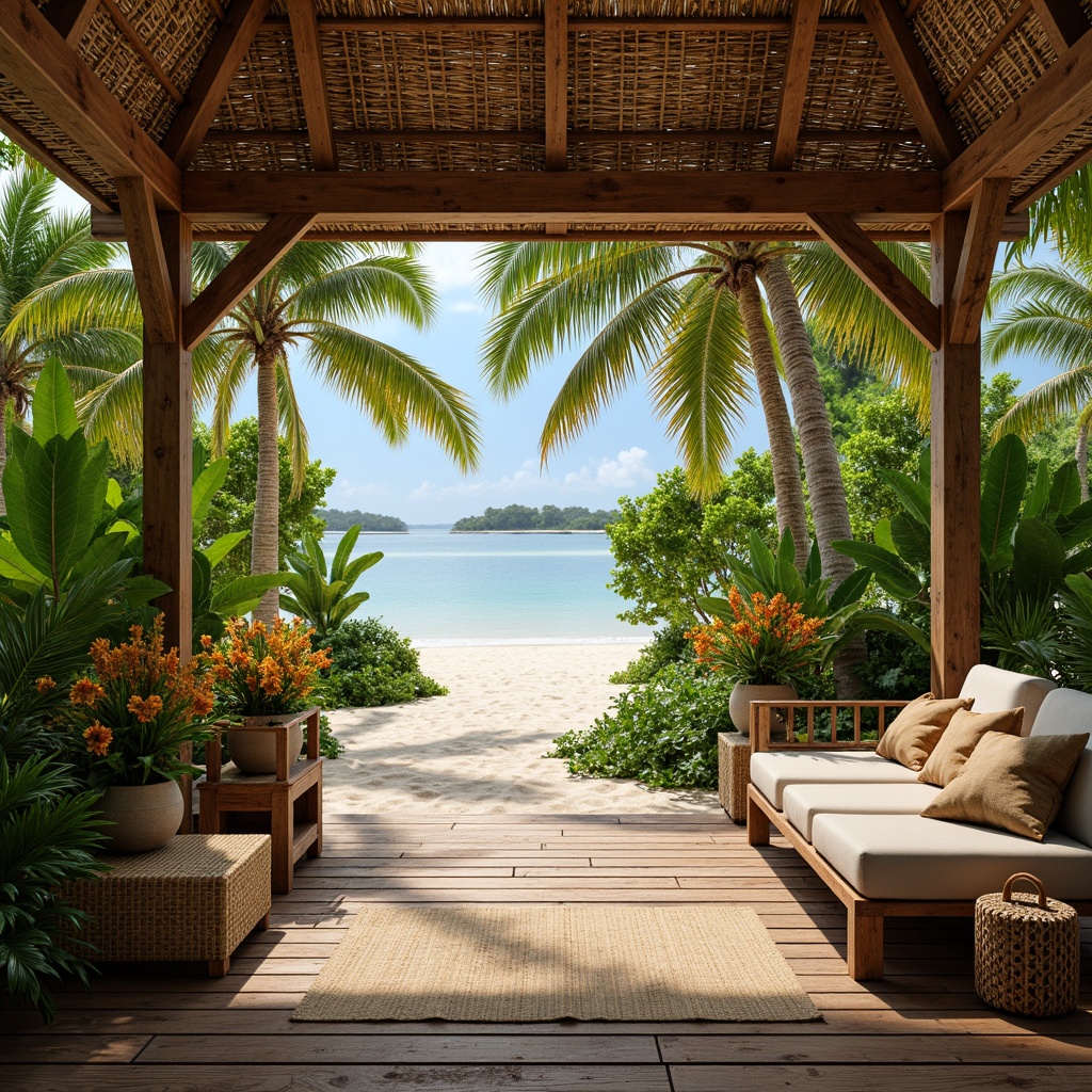 Prompt: Exotic tropical island, lush green palm trees, vibrant floral arrangements, warm sandy beaches, rustic wooden accents, natural woven fibers, bamboo flooring, reclaimed teak wood planks, distressed finishes, earthy color palette, soft warm lighting, shallow depth of field, 1/1 composition, realistic textures, ambient occlusion.