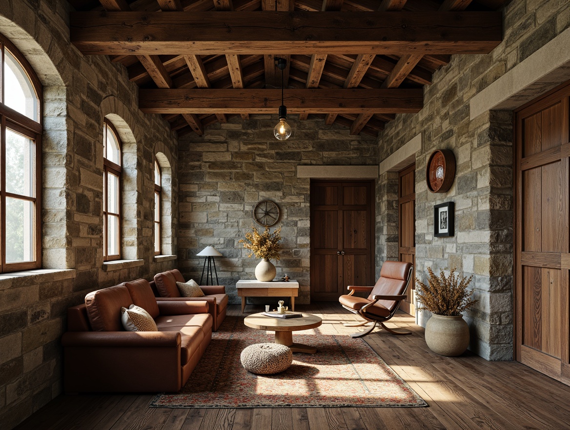 Prompt: Rustic wooden accents, distressed stone walls, ornate metal fixtures, vintage leather upholstery, reclaimed wood flooring, earthy color palette, natural material integration, organic shapes, irregular forms, rough-hewn textures, weathered concrete surfaces, moss-covered stones, aged brick facades, soft warm lighting, atmospheric misting, shallow depth of field, 1/1 composition, realistic renderings, ambient occlusion.