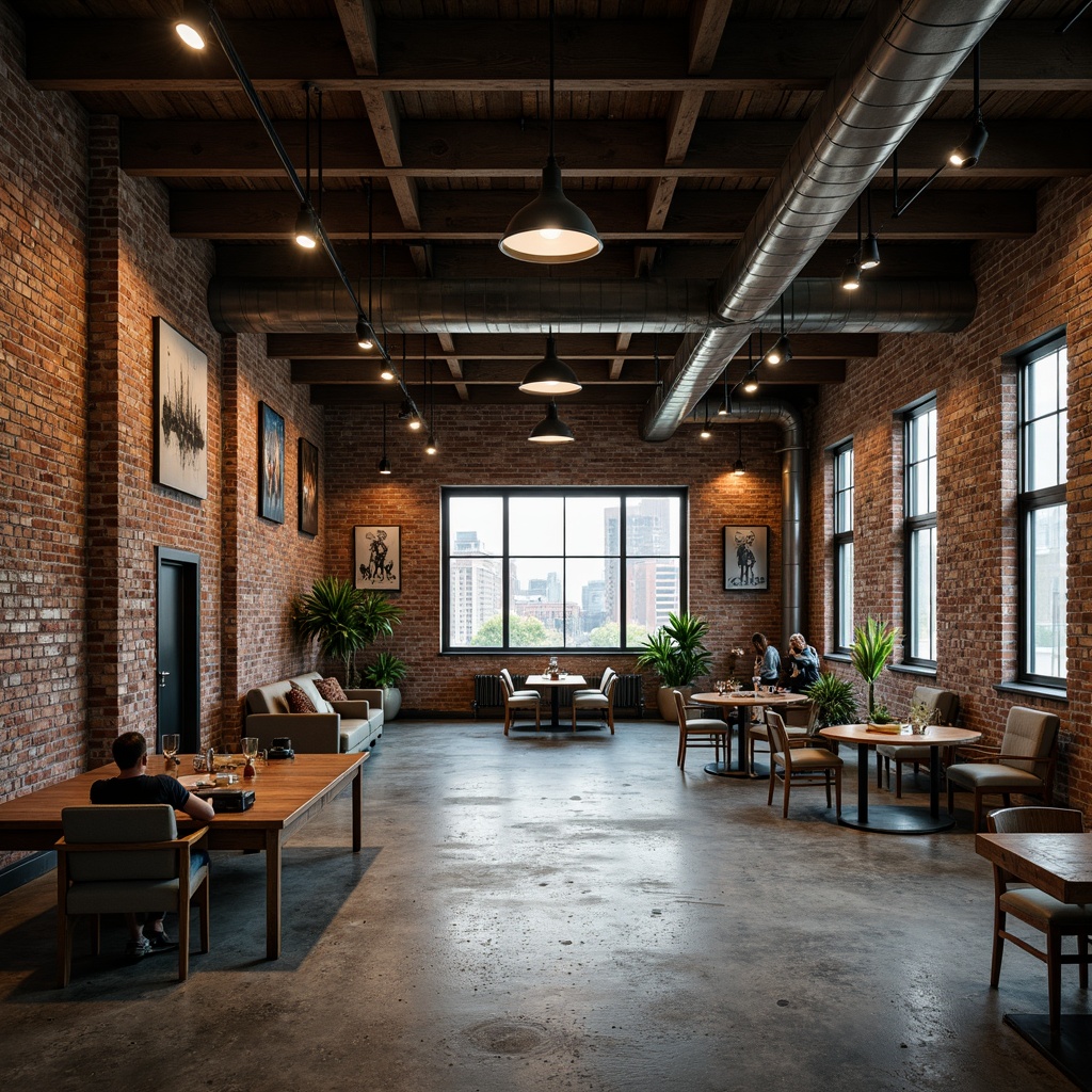 Prompt: Exposed brick walls, metal beams, reclaimed wood accents, industrial-style lighting fixtures, distressed concrete floors, urban cityscape views, converted warehouse spaces, minimalist decor, functional pipes, metallic textures, earthy color palette, moody atmospheric lighting, shallow depth of field, 2/3 composition, gritty realistic details, ambient occlusion.