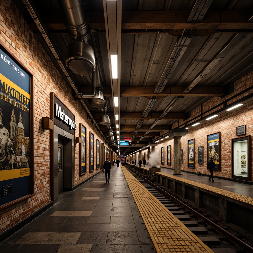 Prompt: Rustic metro station, distressed brick walls, vintage advertisements, industrial lighting fixtures, metal beams, reclaimed wood accents, urban landscape, city streets, morning commute, warm color palette, rough stone floors, exposed ductwork, modern signage displays, LED screens, digital information boards, dynamic typography, bold font styles, metallic lettering, nostalgic travel posters, ornate metal railings, classic subway tiles, atmospheric steam effects, dramatic backlighting, cinematic camera angles, shallow depth of field.