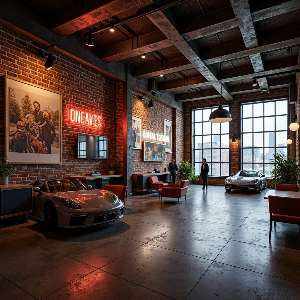 Prompt: Industrial garage interior, exposed brick walls, metallic accents, rusty tones, weathered wood, vintage car displays, neon signage, urban cityscape views, dramatic high ceilings, concrete floors, edgy modern furniture, bold color blocking, contrasting textures, warm ambient lighting, low-key shadows, 2/3 composition, cinematic mood, realistic reflections.