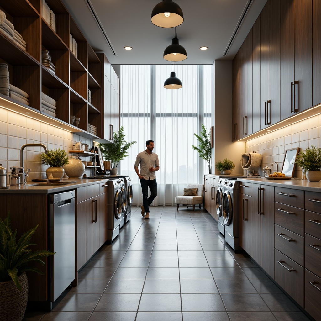 Prompt: Functional laundry room, modern appliances, sleek cabinets, stainless steel countertops, glossy ceramic tiles, bright overhead lighting, warm task lighting, LED strip lights, pendant lamps, natural daylight, large windows, sheer curtains, minimalist decor, neutral color palette, soft ambient glow, high contrast ratio, 1/1 composition, shallow depth of field, realistic textures.