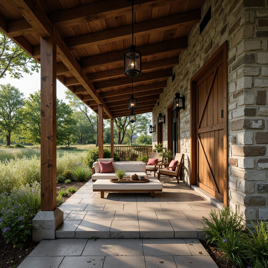 Prompt: Rustic farmhouse, natural stone walls, reclaimed wood beams, earthy color palette, vintage metal accents, lush greenery, wildflower fields, wooden fences, weathered barn doors, distressed finishes, cozy porches, lantern-style lighting, warm ambient glow, shallow depth of field, 3/4 composition, panoramic view, realistic textures, ambient occlusion.