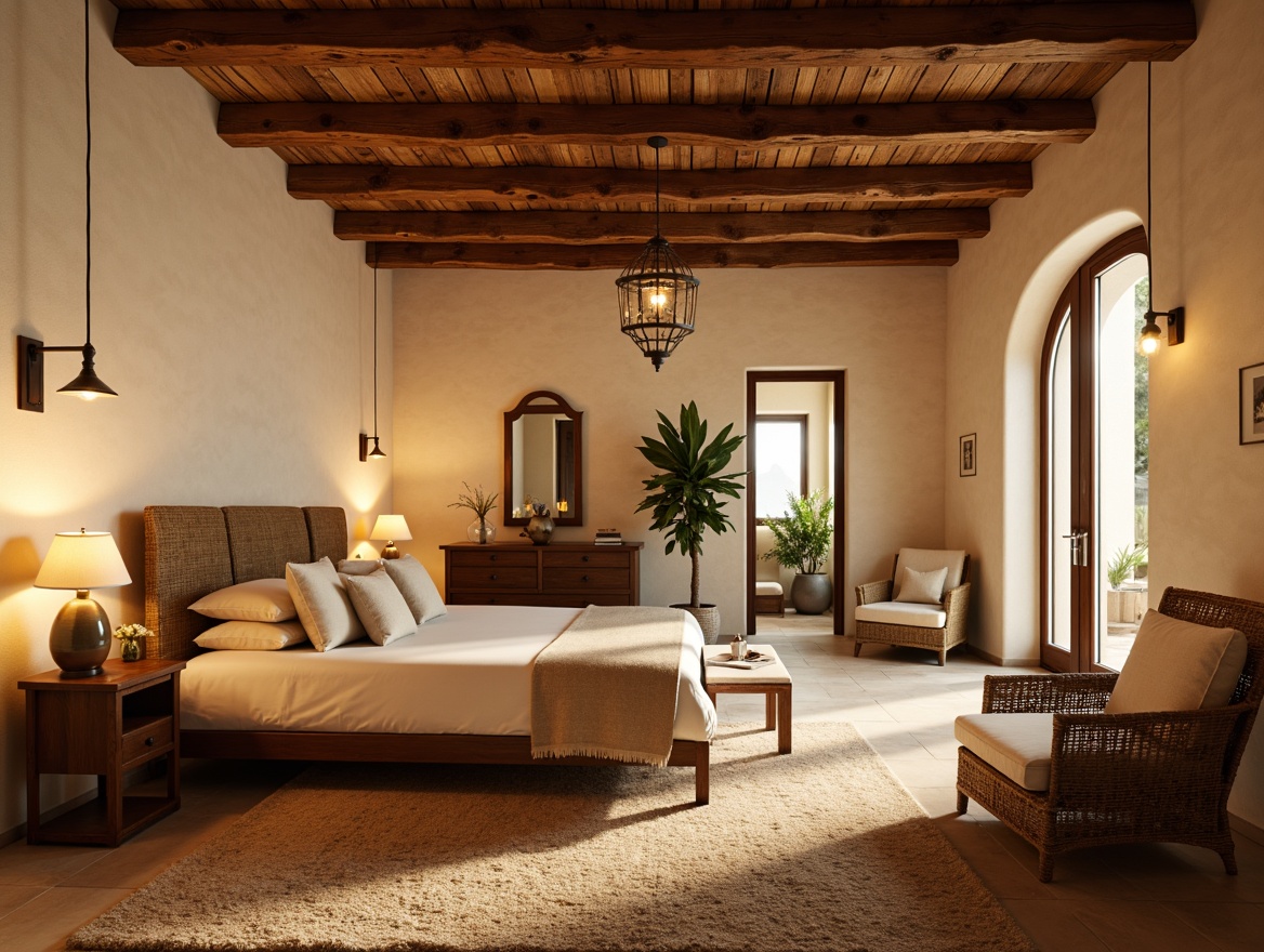 Prompt: Warm Mediterranean style bedroom, soft golden lighting, rustic wooden beams, creamy white walls, ornate metal lanterns, ambient floor lamps, warm beige tones, plush carpets, comfortable reading nooks, intimate cozy atmosphere, natural stone accents, wrought iron chandeliers, dimmable table lamps, warm color palette, 3/4 composition, shallow depth of field, panoramic view, realistic textures.