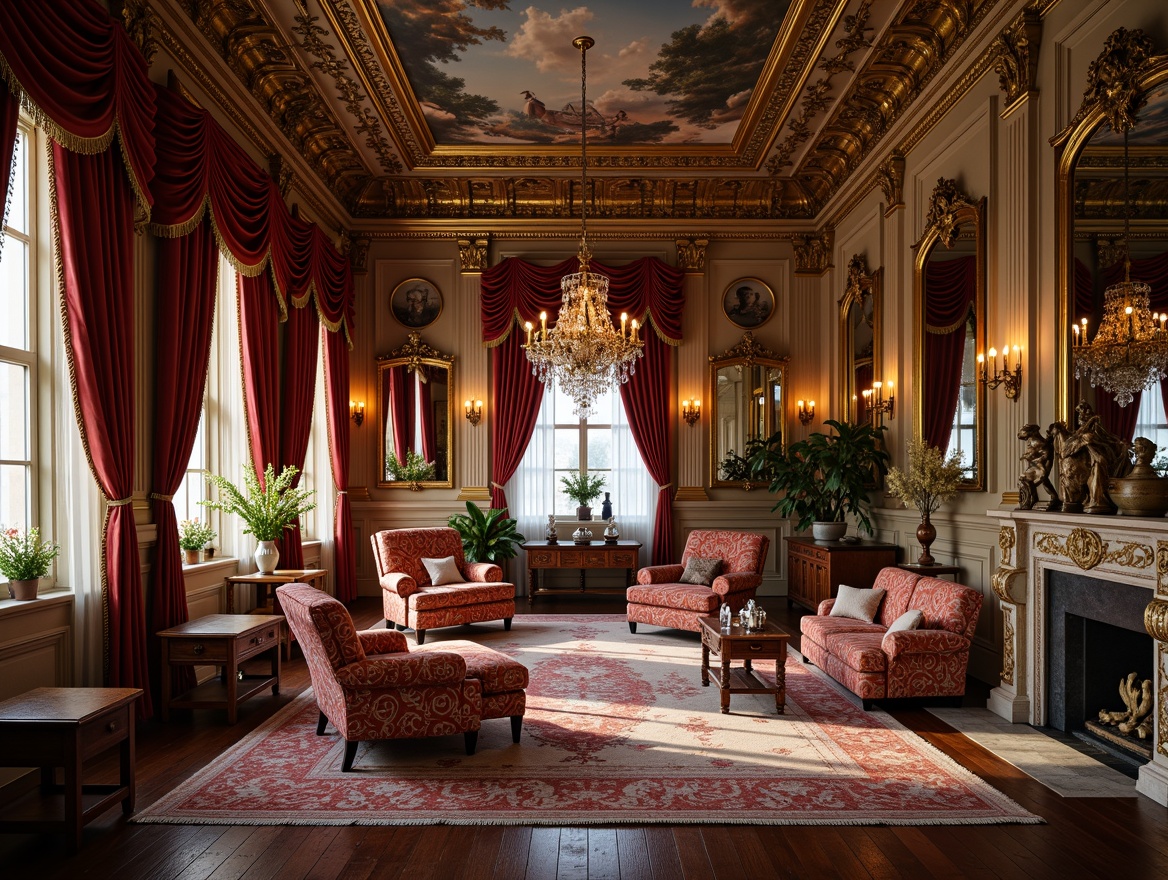 Prompt: Ornate Baroque interior, lavish velvet drapes, intricately patterned silk fabrics, richly embroidered upholstery, gilded wooden furniture, ornamental mirrors, crystal chandeliers, soft warm lighting, shallow depth of field, 1/1 composition, intimate atmosphere, luxurious textiles, heavy brocade curtains, tassel-trimmed pillows, carved marble accents, grandiose architectural details, dramatic ceiling frescoes, opulent furnishings, regal color palette.