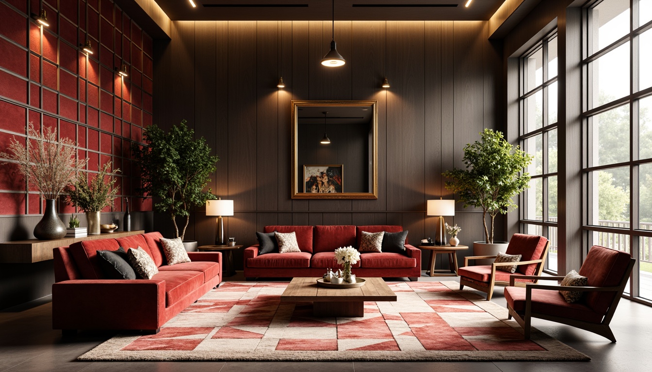 Prompt: Luxurious living room, bold geometric patterns, rich velvet fabrics, metallic accents, statement lighting fixtures, ornate mirrors, plush area rugs, angular wooden furniture, minimalist decor, modernist architecture, high ceilings, large windows, abundant natural light, soft warm glow, shallow depth of field, 1/1 composition, realistic textures, ambient occlusion.