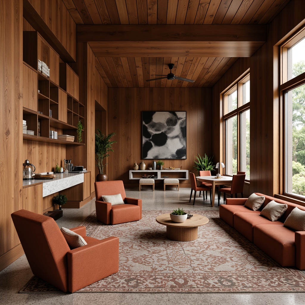 Prompt: Warm walnut wood tones, sleek chrome accents, plush wool upholstery, rich velvet fabrics, natural stone flooring, terrazzo countertops, earthy clay ceramics, woven rattan furniture, geometric patterned rugs, soft warm lighting, 3/4 composition, shallow depth of field, realistic textures, ambient occlusion.