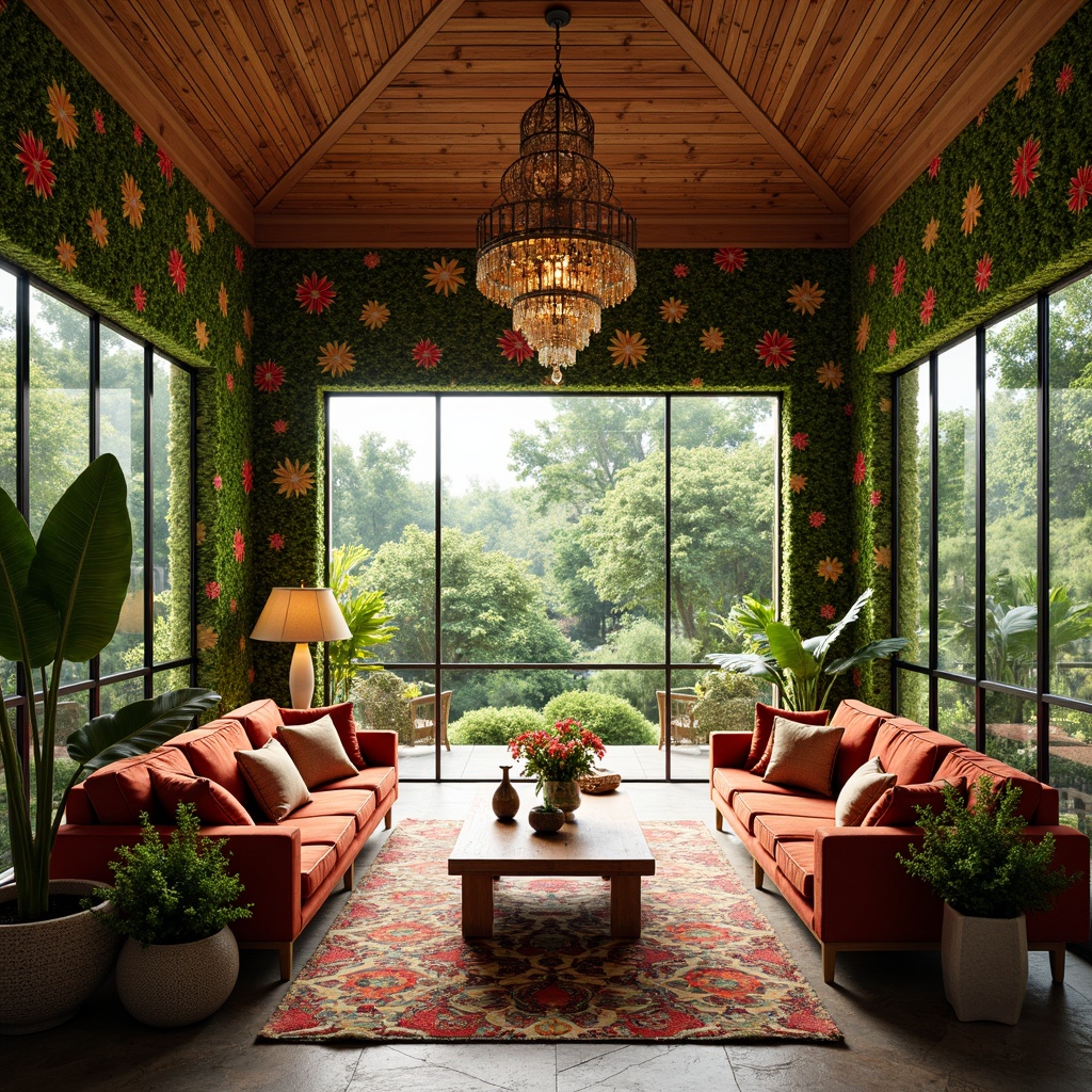 Prompt: Vibrant sunroom interior, lush greenery walls, colorful flower-patterned tiles, ornate wooden ceiling, grand chandelier, plush velvet sofas, patterned Moroccan-inspired rugs, tropical plants, natural stone floors, floor-to-ceiling windows, panoramic garden views, soft warm lighting, shallow depth of field, 3/4 composition, realistic textures, ambient occlusion.