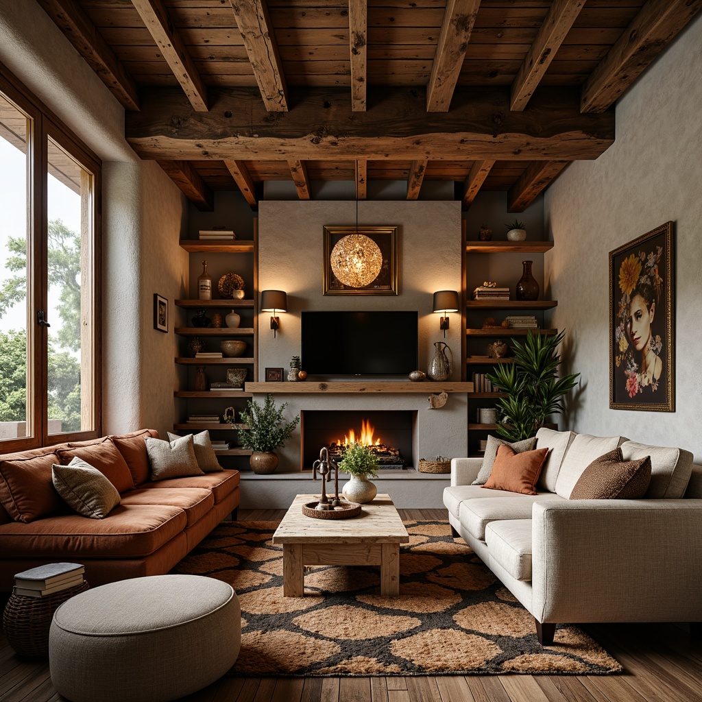 Prompt: Cozy living room, rustic wood accents, distressed wooden furniture, plush velvet sofas, woven wicker chairs, natural fiber rugs, earthy color palette, warm ambient lighting, softbox shadows, 1/1 composition, intimate atmosphere, tactile experiences, organic shapes, unique decorative objects, vintage accessories, eclectic patterns, richly textured fabrics, inviting nooks, comfortable seating areas.