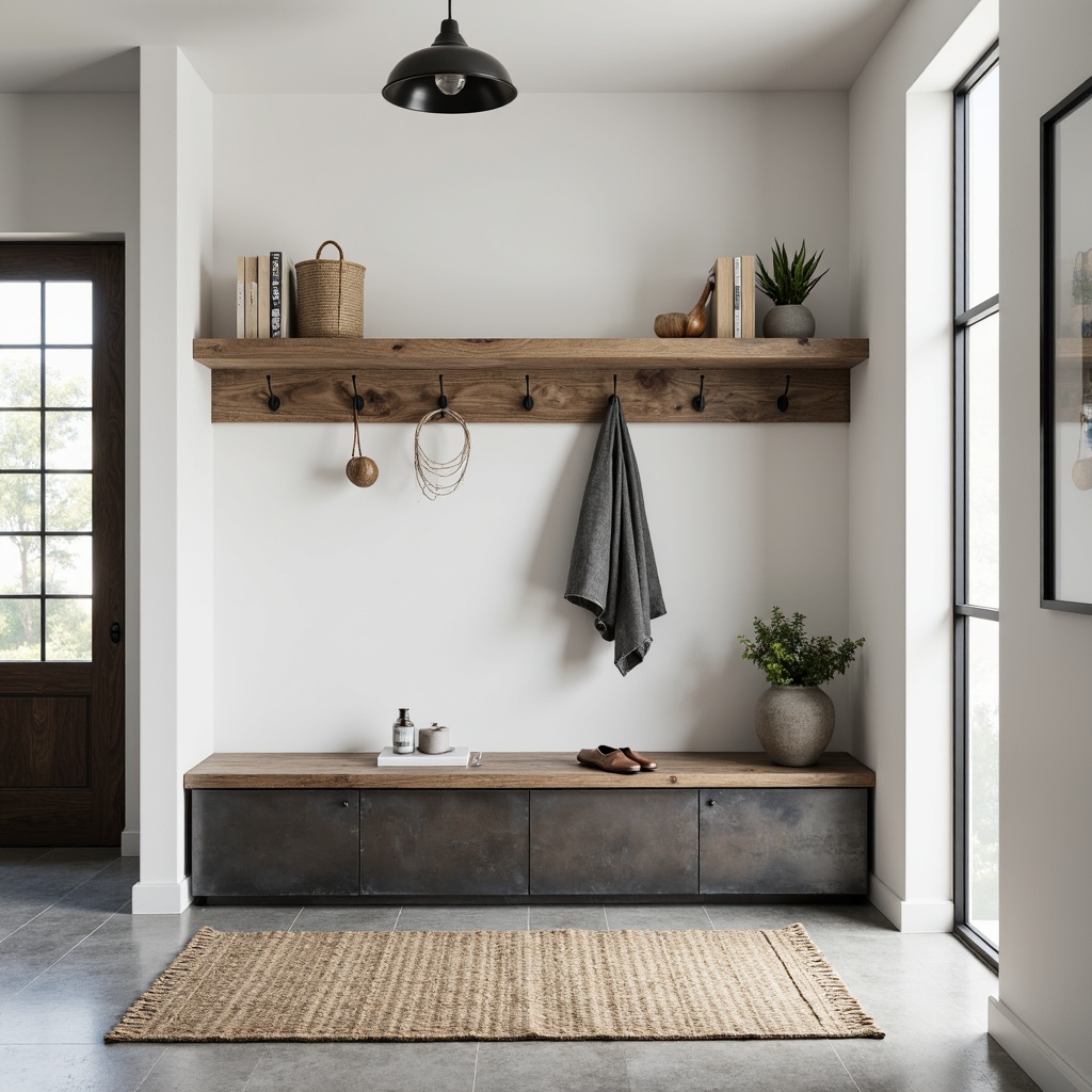 Prompt: Minimalist mudroom, industrial metal bench, reclaimed wood shelf, simple hooks, natural jute rug, concrete floor, modern pendant light, functional storage cabinet, sleek metal coat rack, monochromatic color scheme, clean lines, minimal decor, abundant natural light, soft shadows, shallow depth of field, 1/1 composition, realistic textures, ambient occlusion.