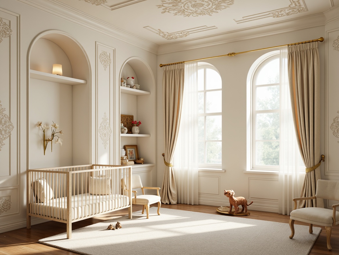 Prompt: Creamy white walls, ornate moldings, soft golden lighting, delicate floral patterns, gentle curves, subtle texture, elegant archways, luxurious fabrics, velvet drapes, tassel trim, distressed wood accents, antique furniture pieces, vintage toys, classic crib, plush area rug, serene atmosphere, warm beige tones, creamy whites, pale blues, 1/1 composition, shallow depth of field, soft focus, realistic textures, ambient occlusion.