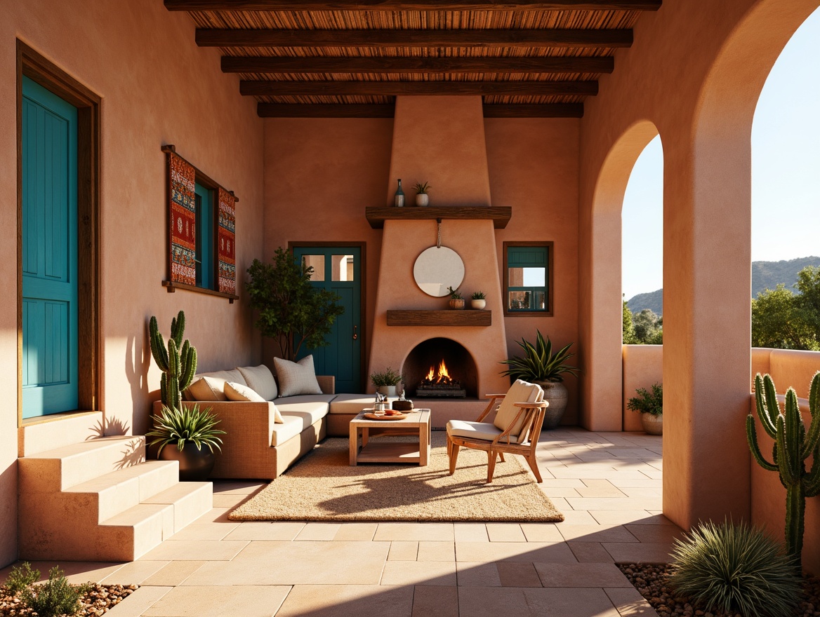 Prompt: Vibrant Southwestern interior, earthy terracotta walls, rustic wooden accents, woven textiles, geometric patterns, turquoise blue hues, sandy beige tones, warm golden lighting, natural stone flooring, adobe-style architecture, desert botanicals, prickly cacti, warm sunny day, soft diffused light, shallow depth of field, 1/2 composition, realistic textures, ambient occlusion.