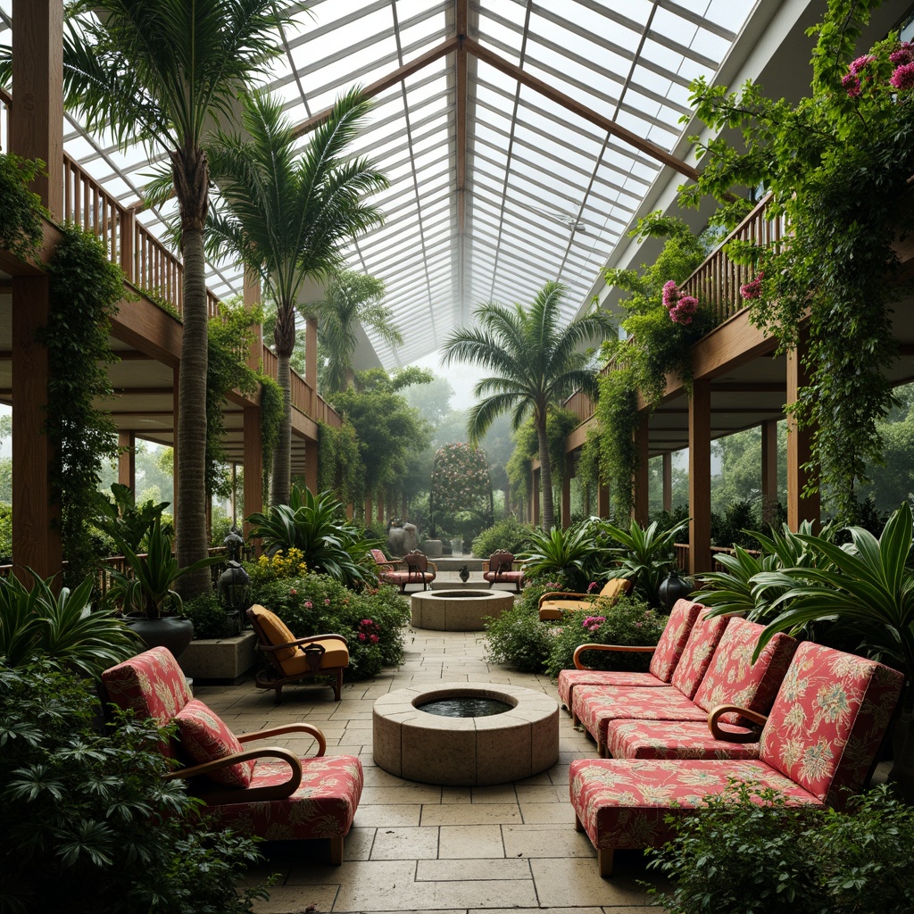 Prompt: Lush tropical greenhouse, exotic plants, vibrant flowers, palm trees, ferns, misty atmosphere, warm humid climate, natural stone walls, wooden trellises, rattan furniture, colorful textiles, intricate patterns, soft diffused lighting, shallow depth of field, 3/4 composition, realistic textures, ambient occlusion, overhead skylights, water features, small ponds, aquatic plants, tropical fruit trees, bamboo accents, woven baskets, earthy tones.