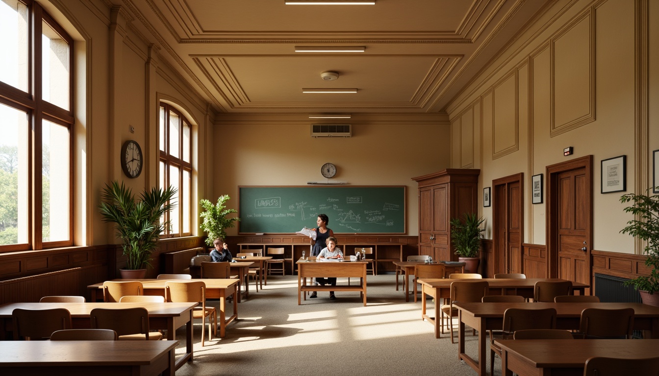 Prompt: Traditional school interior, warm beige walls, rich wood accents, classic chalkboard, ornate molding details, comfortable carpeting, soft warm lighting, 1/1 composition, realistic textures, ambient occlusion, elegant wooden furniture, subtle color palette, calm atmosphere, inviting common areas, decorative ceiling treatments, sophisticated archways.