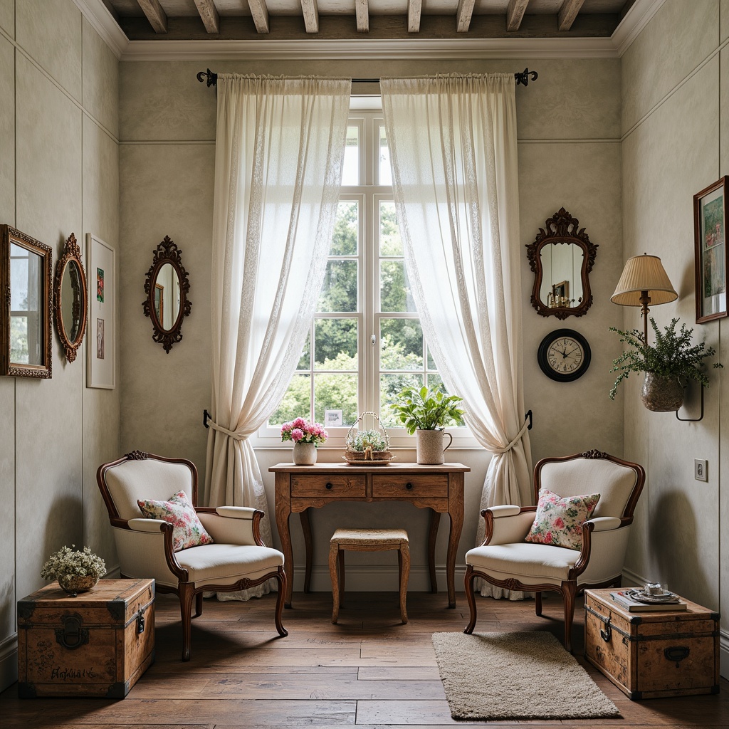 Prompt: Distressed wood furniture, vintage decor, soft pastel hues, lace drapes, floral patterns, ornate mirrors, velvet upholstery, antique hardware, rustic wooden tables, worn leather armchairs, decorative trunks, distressed finishes, feminine accents, delicate carvings, muted color palette, warm candlelight, natural textiles, French country inspiration, romantic ambiance, whimsical details.