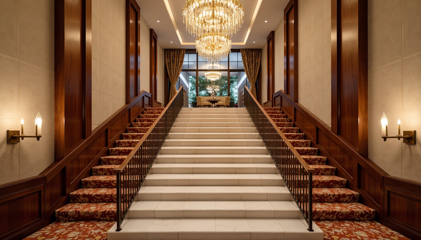 Prompt: Grand staircase, opulent chandelier, rich wood tones, polished metal railings, luxurious carpeting, bold statement walls, warm beige accents, creamy white banisters, soft golden lighting, shallow depth of field, 3/4 composition, panoramic view, realistic textures, ambient occlusion.