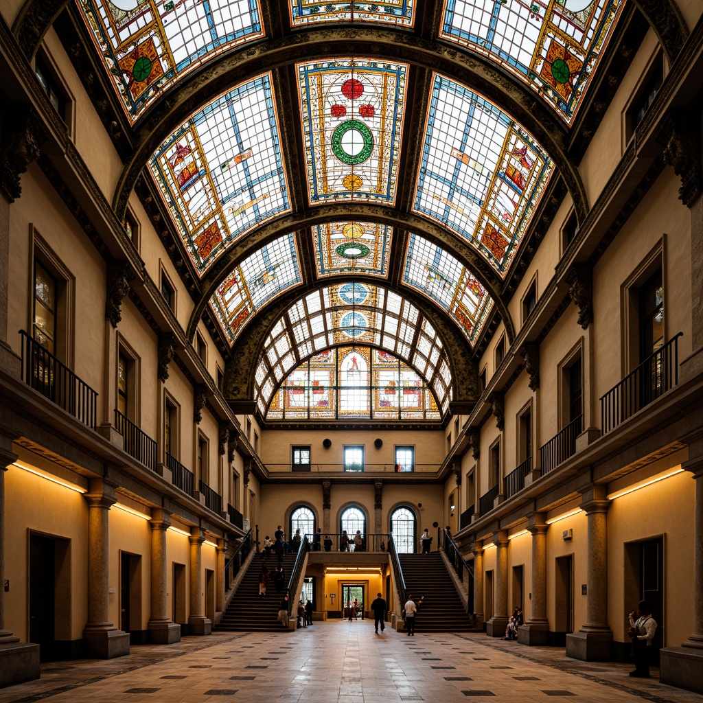 Prompt: Intricate stained glass ceiling, vibrant color palette, geometric patterns, ornate details, grand courthouse architecture, historic landmark, neoclassical style, imposing stone columns, marble floors, elegant staircases, ornamental railings, warm natural light, soft diffused illumination, high contrast ratio, dramatic shadows, 1/2 composition, symmetrical framing, realistic textures, ambient occlusion.