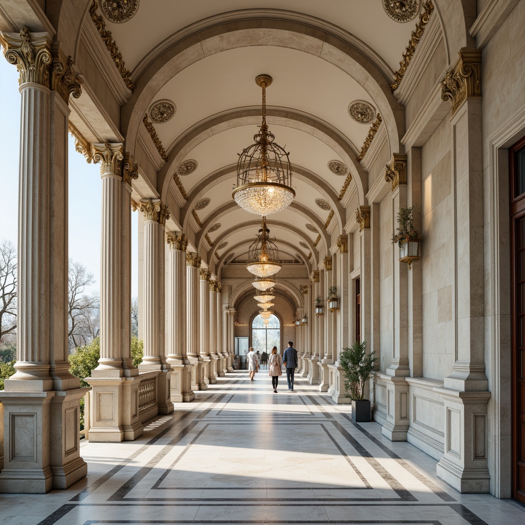 Prompt: Grandiose neoclassical architecture, ornate columns, intricate carvings, majestic arches, neutral beige tones, creamy whites, rich gold accents, soft blue grays, elegant marble textures, ornamental metalwork, lavish crystal chandeliers, sophisticated ambient lighting, shallow depth of field, 2/3 composition, symmetrical balance, realistic reflections, subtle warm glow.