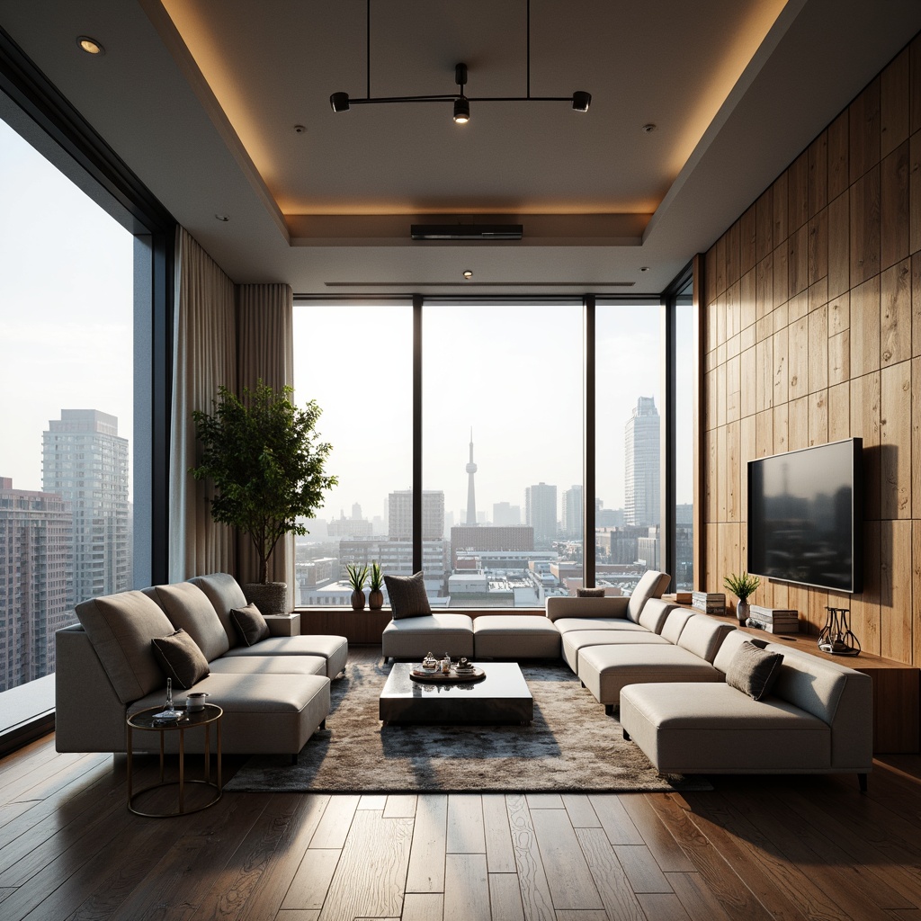 Prompt: Modern apartment interior, sleek lines, minimalist decor, neutral color palette, comfortable sofas, low-profile coffee tables, geometric-patterned rugs, industrial-chic metal lighting fixtures, reclaimed wood accent walls, floor-to-ceiling windows, cityscape views, warm ambient lighting, shallow depth of field, 2/3 composition, soft focus effect, realistic textures, subtle reflections.