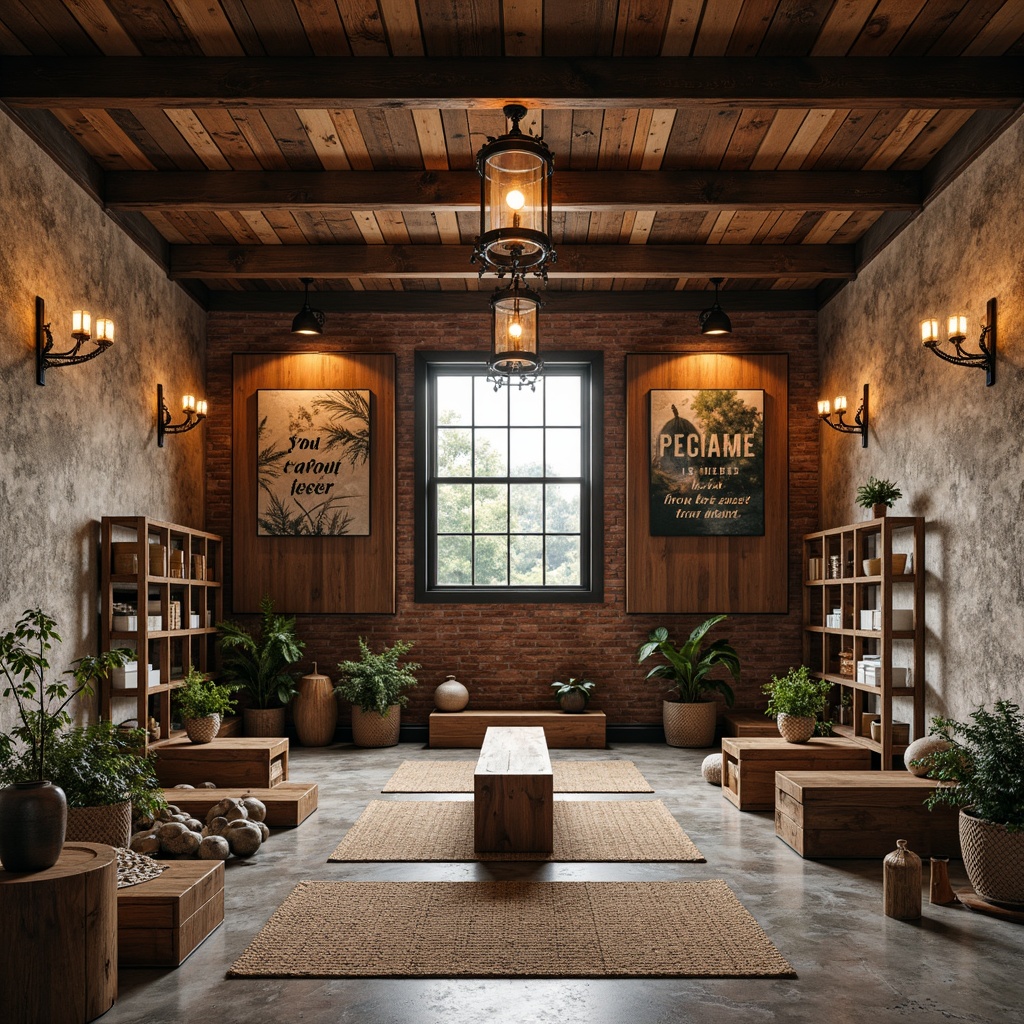 Prompt: Rustic home gym, reclaimed wood accents, industrial metal beams, earthy color palette, natural stone flooring, distressed finishes, vintage fitness equipment, wooden dumbbells, woven textiles, lantern-style lighting, warm ambient glow, softbox illumination, rustic metal chandeliers, exposed brick walls, cozy atmosphere, functional training space, motivational quotes, nature-inspired artwork, reclaimed wood shelves, wooden benches, athletic flooring, heavy rope details, natural fiber rugs.