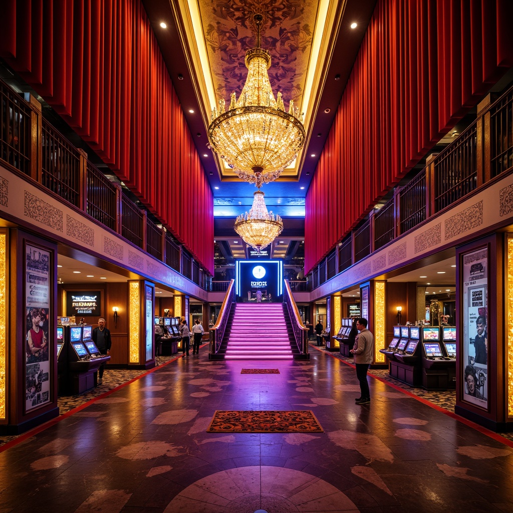 Prompt: Vibrant casino interior, bold neon lights, flashy signage, ornate chandeliers, luxurious velvet drapes, grand staircase, opulent marble floors, extravagant decorative patterns, dazzling LED displays, dramatic spotlighting, warm golden glow, moody shadows, cinematic atmosphere, high-contrast lighting, 3/4 composition, symmetrical framing, shallow depth of field, futuristic ambiance, avant-garde design elements.