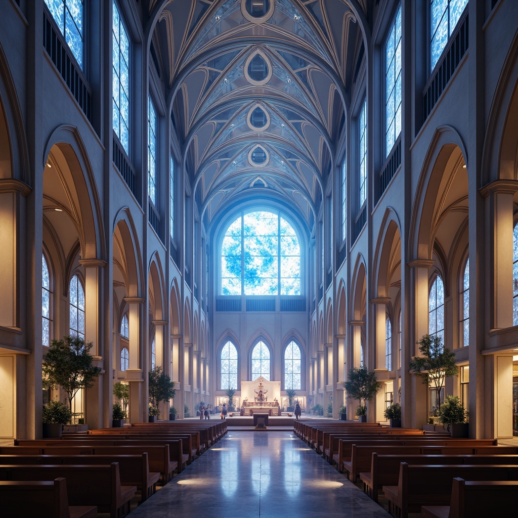 Prompt: Ethereal cathedral, celestial vaulted ceiling, luminous stained glass windows, radiant altar, holographic projections, ambient LED lighting, iridescent mosaics, gleaming metallic accents, futuristic sacred relics, minimalist pews, sleek marble floors, soft diffused illumination, warm glowing ambiance, atmospheric fog effects, dramatic spotlights, 1/1 composition, symmetrical framing, high-contrast ratios, cinematic color grading, subtle lens flares.