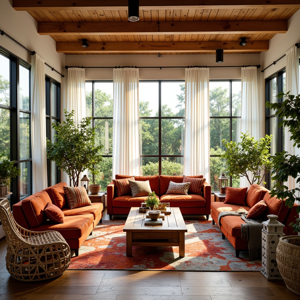 Prompt: Vibrant sunroom, expressionist style, bold color palette, eclectic furniture mix, plush velvet sofas, abstract patterned rugs, reclaimed wood coffee tables, macram\u00e9 plant holders, natural fiber woven baskets, wicker armchairs, oversized lanterns, distressed metal accents, lush greenery, potted plants, floor-to-ceiling windows, sheer white curtains, warm golden lighting, shallow depth of field, 1/2 composition, soft focus, realistic textures.