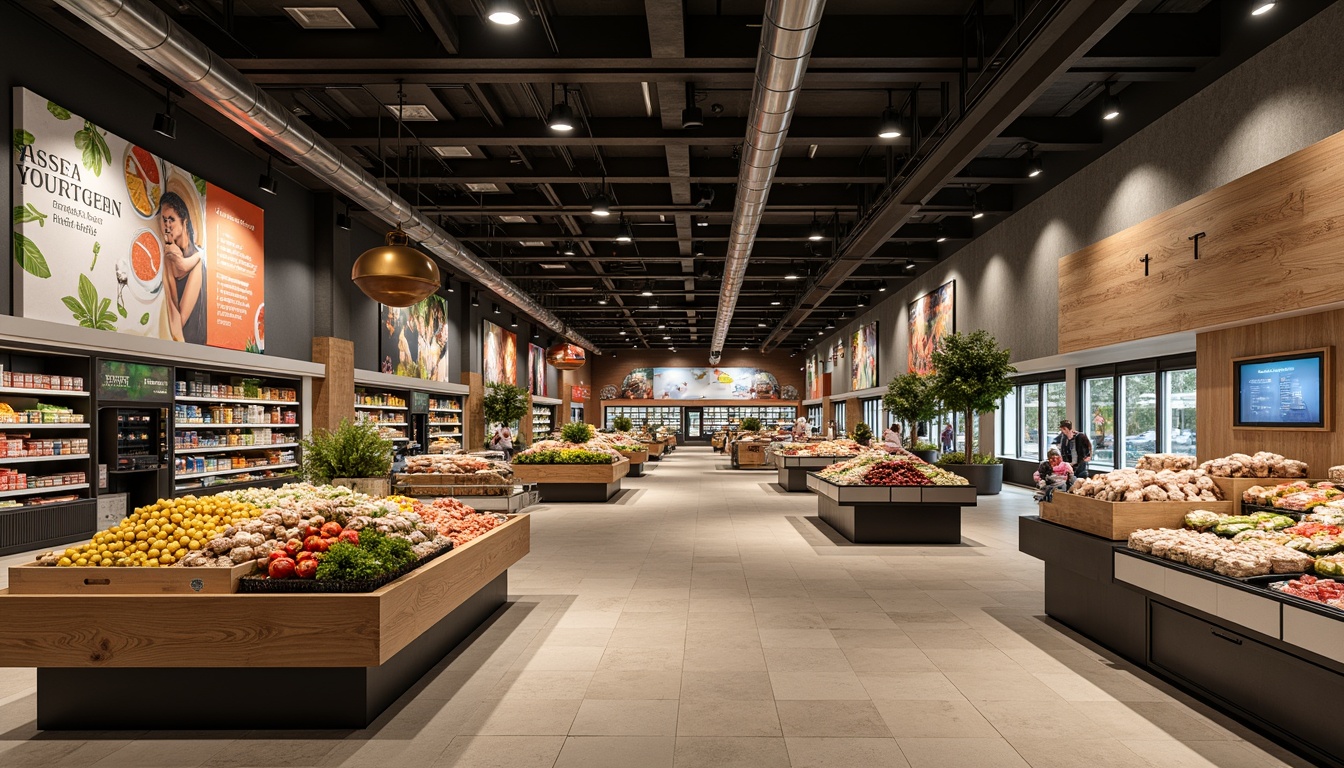 Prompt: Vibrant grocery store interior, modern shelving units, polished metal fixtures, wooden accents, natural stone flooring, ample aisle space, efficient checkout counters, electronic display screens, promotional signage, fresh produce stands, refrigerated sections, ambient warm lighting, shallow depth of field, 1/1 composition, realistic textures, subtle color palette, clean lines, minimalist decor.