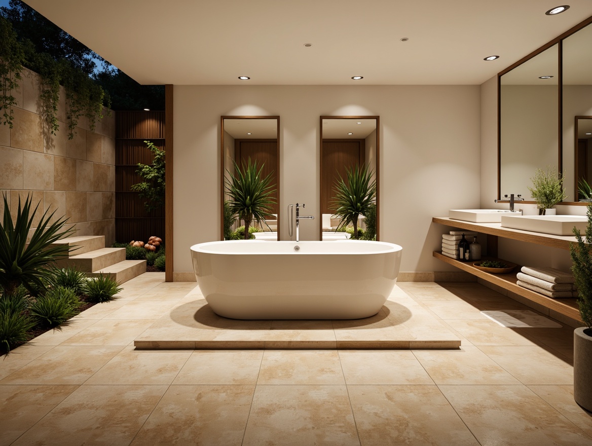 Prompt: Elegant freestanding tub, polished chrome fixtures, soft LED lighting, warm beige marble flooring, large format tiles, wall-mounted vanities, modern frameless mirrors, spa-inspired ambiance, calming water features, lush greenery, natural stone accents, sophisticated color palette, subtle texture contrasts, 3/4 composition, shallow depth of field, realistic renderings.