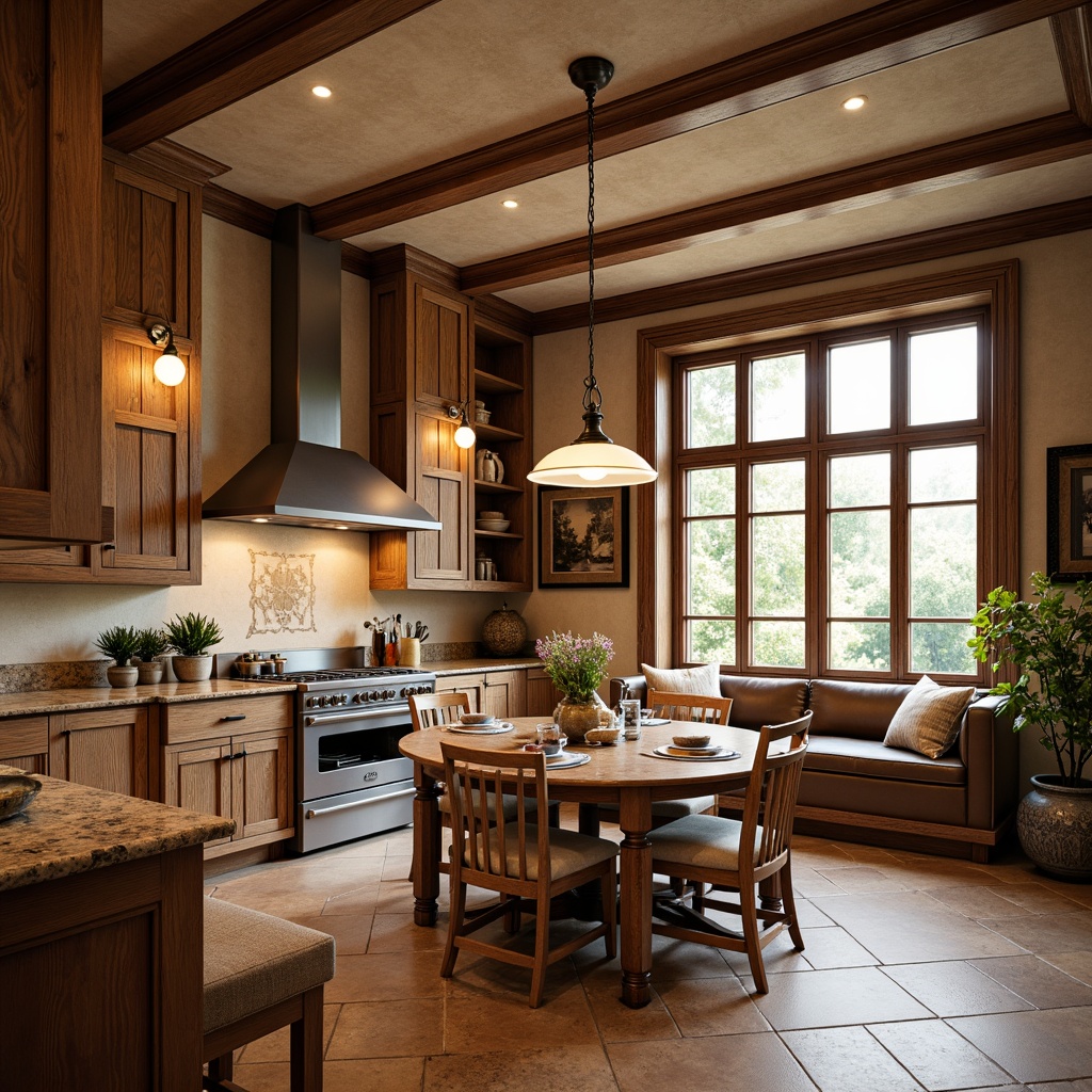 Prompt: Warm rustic kitchen, traditional academic style, wooden cabinetry, granite countertops, stainless steel appliances, pendant lighting, warm soft glow, cozy breakfast nook, built-in banquettes, ornate moldings, high ceilings, large windows, natural stone floors, earthy color palette, vintage-inspired fixtures, distressed wood accents, inviting atmosphere, warm beige tones, creamy whites, rich woods, soft shadows, 1/1 composition, subtle highlights, realistic textures.