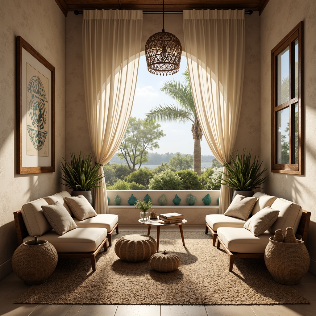 Prompt: Soft Mediterranean hues, plush velvet fabrics, natural linen textures, woven jute rugs, distressed wooden accents, ornate metal frames, billowy curtains, gentle breeze, warm sunlight, cozy reading nook, comfortable seating area, tranquil ambiance, soft cream colors, beige tones, turquoise accents, vintage Moroccan tiles, rustic stone walls, fragrant lavender scents, ambient candlelight, 1/1 composition, intimate atmosphere, realistic fabric simulations.