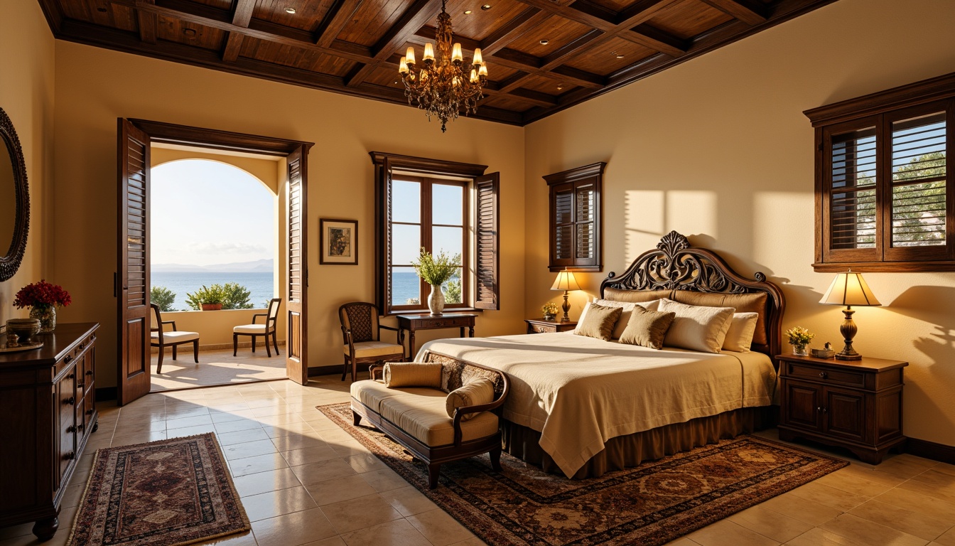 Prompt: Cozy Mediterranean bedroom, warm beige walls, dark wood furniture, ornate carvings, plush velvet upholstery, soft golden lighting, elegant chandeliers, cream-colored marble floors, richly patterned rugs, luxurious king-size bed, intricately designed headboard, matching nightstands, rustic wooden shutters, louvered windows, breezy ocean views, serene morning ambiance, warm sunlight streaming through, 1/2 composition, soft focus effect, realistic fabric textures, subtle ambient occlusion.