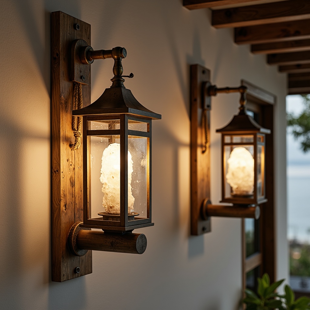 Prompt: Weathered wooden lanterns, distressed metal sconces, nautical rope details, soft warm glow, beachy vibes, ocean-inspired accents, shell-shaped fixtures, driftwood-textured surfaces, sea-salt infused glass, bronze fittings, vintage maritime lighting, rustic coastal charm, serene ambiance, natural textures, earthy tones, warm color palette, cozy atmosphere, 1/1 composition, shallow depth of field, soft focus, warm lighting.