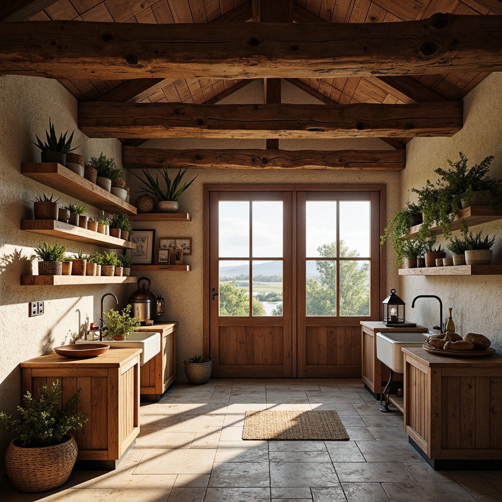 Prompt: Rustic farmhouse, wooden accents, vintage decorations, distressed finishes, natural textures, earthy color palette, stone walls, exposed beams, reclaimed wood floors, metal lanterns, farmhouse sinks, ceramic tiles, woven baskets, potted plants, countryside views, warm golden lighting, shallow depth of field, 1/1 composition, realistic rendering, ambient occlusion.