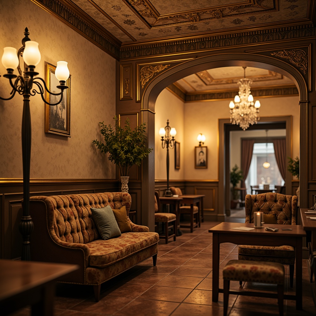 Prompt: Traditional interior, warm candlelight, ornate chandeliers, crystal droplets, bronze metalwork, distressed wood accents, soft cream hues, rich velvet fabrics, tufted upholstery, classic scrolls, carved wooden details, Renaissance-inspired patterns, elegant cove ceilings, subtle ambient glow, warm golden lighting, 1/2 composition, shallow depth of field, realistic textures.