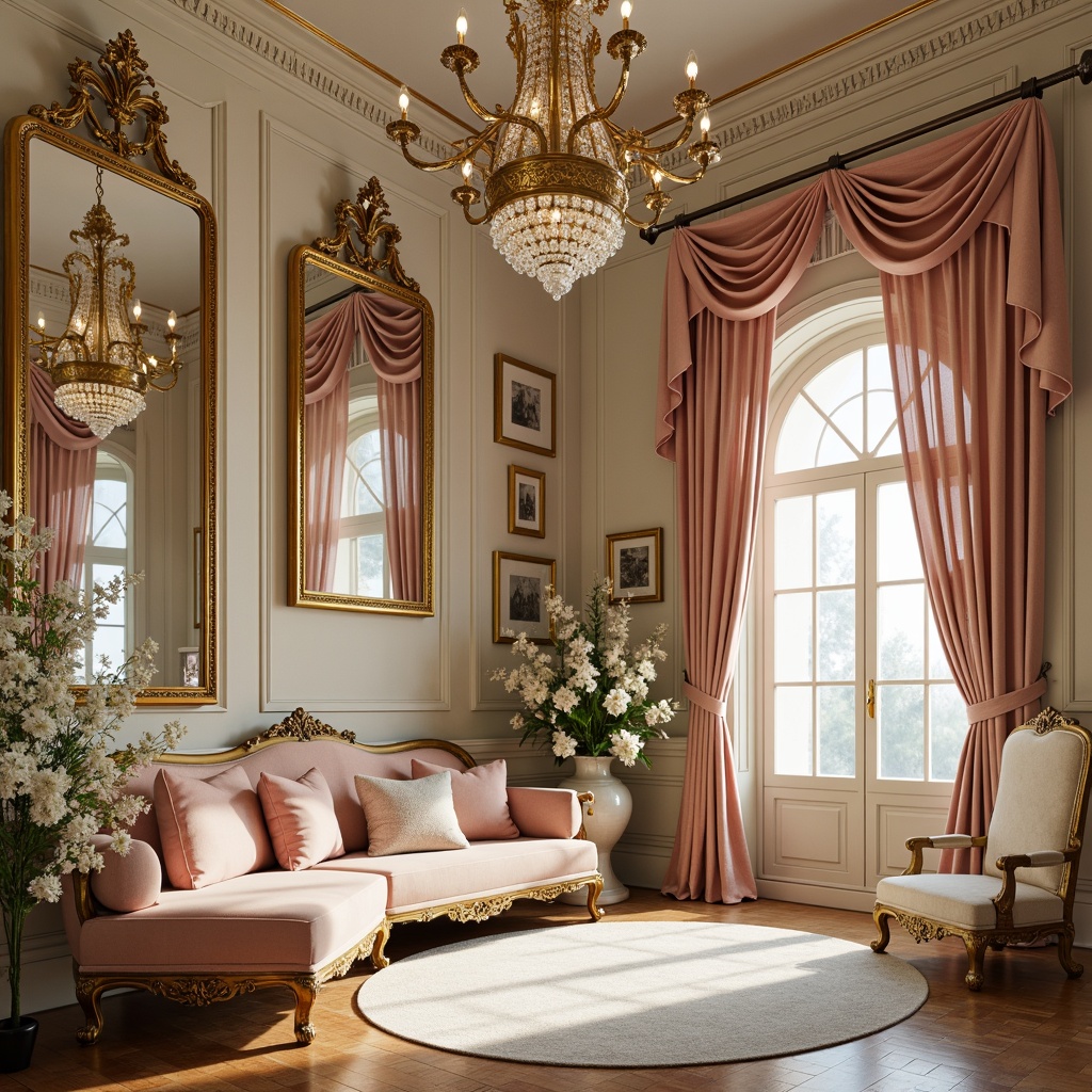 Prompt: Luxurious Rococo interior, soft golden hues, rich velvet fabrics, ornate mirrors, gilded frames, pastel pink accents, creamy whites, warm beige tones, intricate patterns, Baroque-inspired designs, lavish chandeliers, crystal prisms, opulent drapery, subtle sheen, ornamental details, whimsical curves, delicate florals, French Renaissance influences, elegant proportions, sophisticated ambiance, softbox lighting, shallow depth of field, 1/2 composition, realistic textures.