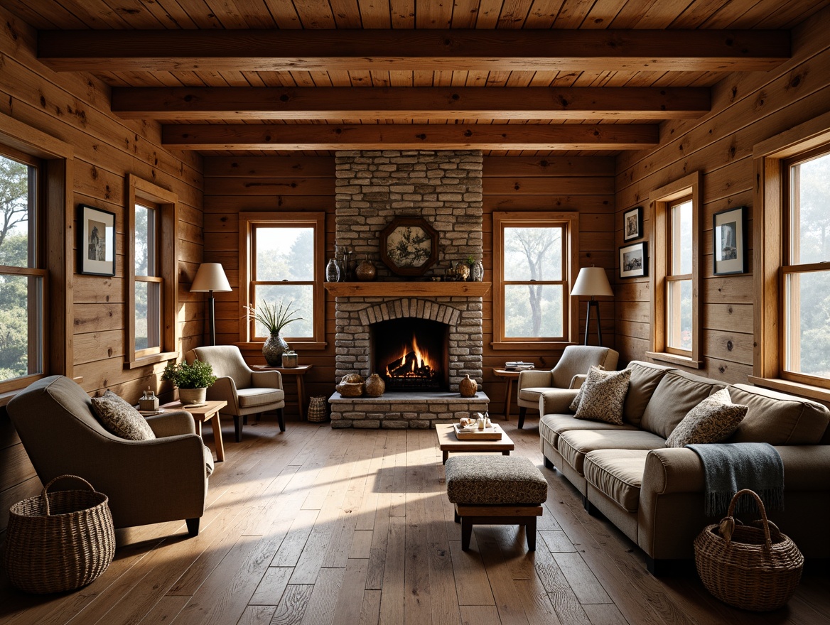 Prompt: Rustic wooden cabin, earthy tones, vintage decor, distressed finishes, natural textiles, woven baskets, antique furniture pieces, reclaimed wood accents, stone fireplace, cozy throw blankets, soft warm lighting, shallow depth of field, 1/1 composition, realistic textures, ambient occlusion.