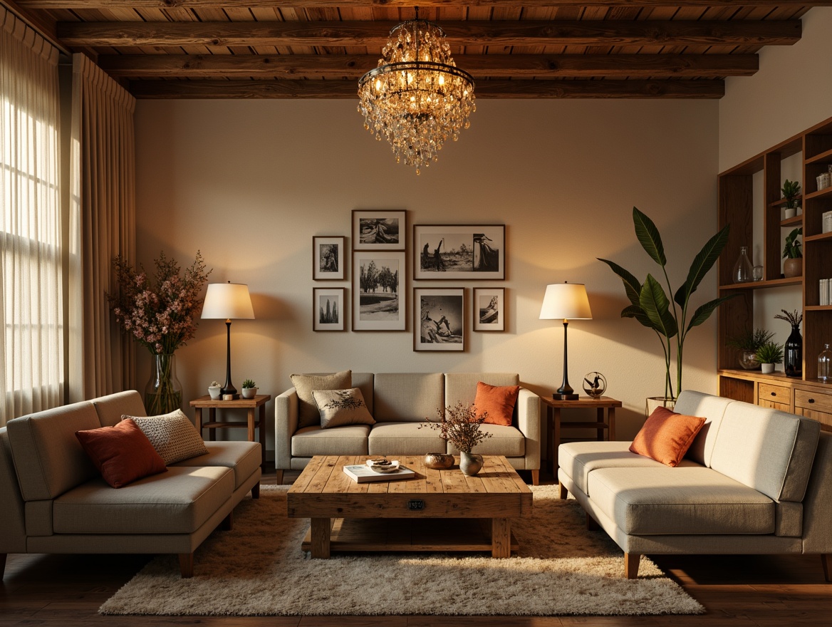 Prompt: Cozy living room, warm beige walls, comfortable sofas, rustic wooden coffee table, soft cushions, elegant chandeliers, table lamps, floor lamps, warm white lighting, subtle shadows, layered lighting effects, 1/1 composition, shallow depth of field, realistic textures, ambient occlusion, relaxing atmosphere, calm mood, inviting ambiance.