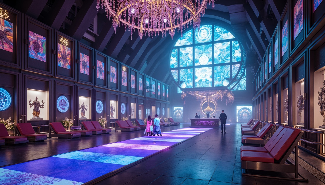 Prompt: Futuristic temple interior, neon-lit ambiance, holographic projections, minimalist altars, spherical chandeliers, iridescent stained-glass windows, levitating prayer mats, metallic mesh ceilings, angular pillars, holographic deity statues, LED-lit walkways, futuristic pews, ambient fog effects, 3D-printed ornate decorations, cyberpunk-inspired murals, gleaming chrome accents, soft pulsing lighting, shallow depth of field, 1/1 composition, realistic reflections.