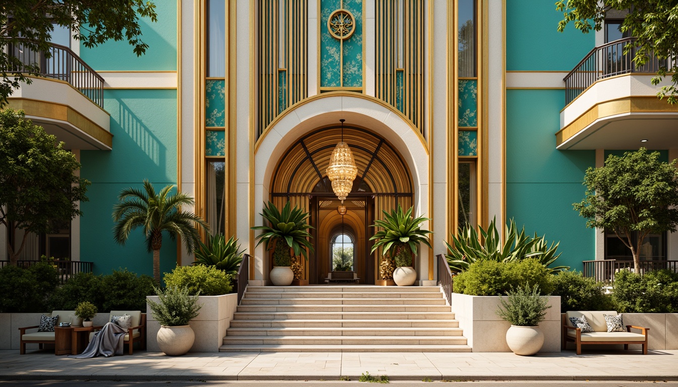 Prompt: Art Deco inspired building facade, luxurious golden accents, ornate geometric patterns, vibrant turquoise hues, rich emerald greens, opulent jewel-toned blues, metallic silvers, luxurious cream whites, sun-kissed warm beige, intricate moldings, ornamental ironwork, lavish crystal chandeliers, opulent marble floors, dramatic staircases, high-contrast lighting, 1/2 composition, cinematic angle, soft focus blur, nostalgic film grain.Please let me know if this meets your expectations!