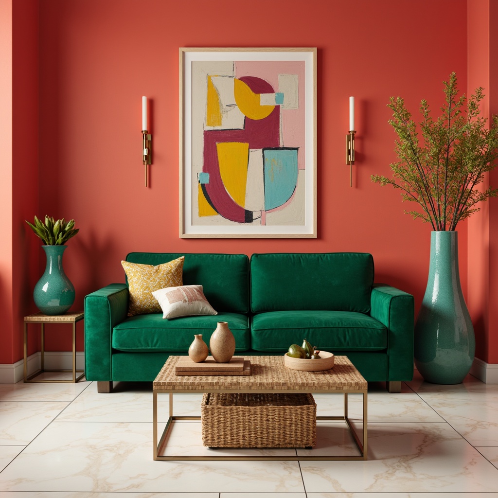 Prompt: Vibrant living room, bold coral accent walls, plush emerald green velvet sofa, chrome metallic coffee table, rich turquoise vases, abstract geometric patterns, creamy white marble floors, warm golden lighting, shallow depth of field, 1/2 composition, soft focus, realistic textures.