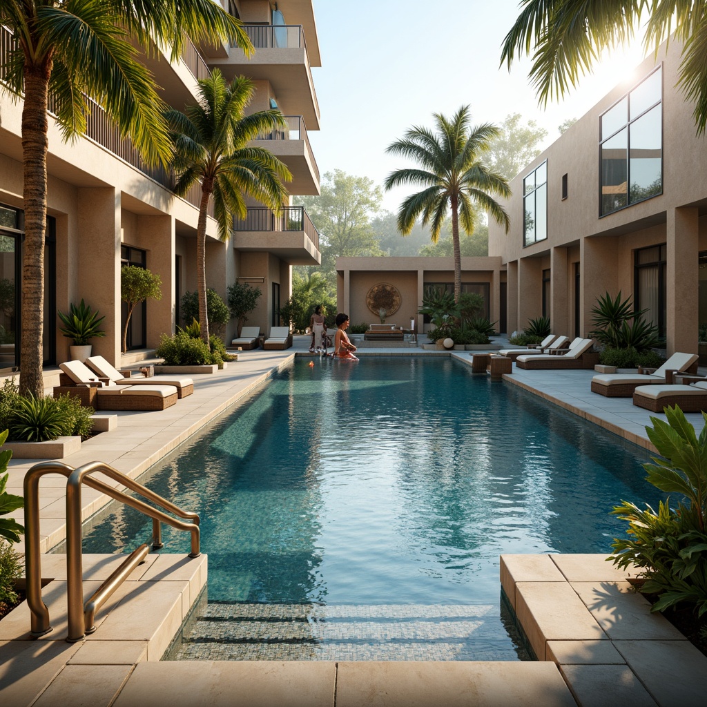 Prompt: Luxurious swimming pool, bronze decorative accents, elegant water features, modern aquatic facilities, sleek bronze handrails, warm golden lighting, natural stone flooring, ceramic tiles, tropical plants, sunny day, soft focus, shallow depth of field, 1/1 composition, realistic textures, ambient occlusion.