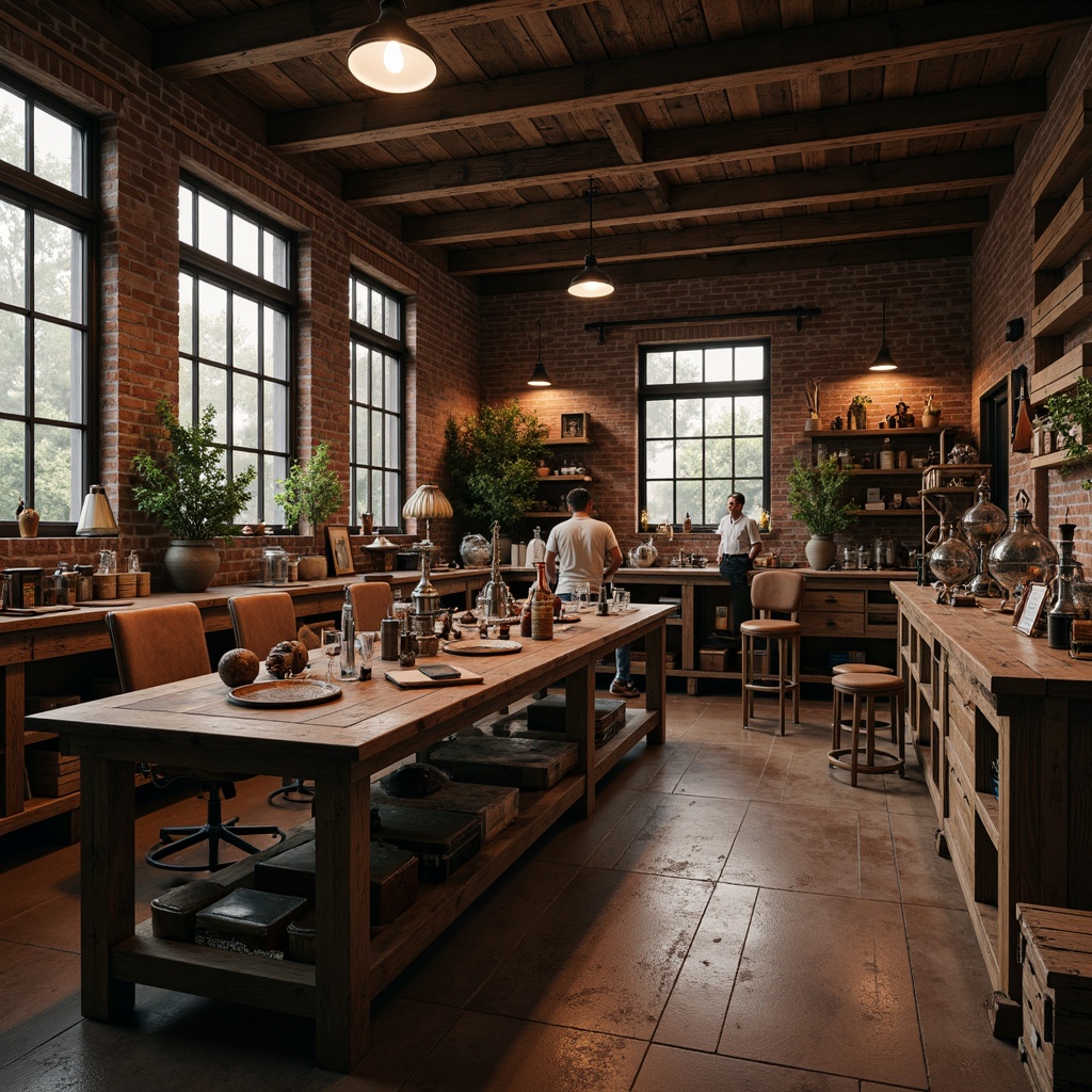 Prompt: Rustic wooden workbenches, metal tools, vintage laboratory equipment, distressed brick walls, industrial pendant lamps, worn leather armchairs, wooden crates, antique scientific instruments, earthy color palette, natural textures, warm soft lighting, shallow depth of field, 1/1 composition, realistic reflections, ambient occlusion, cozy atmospheric mood.