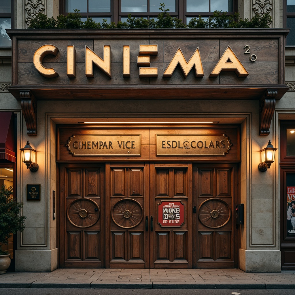 Prompt: Vintage cinema exterior, distressed wooden signs, ornate metal gates, warm golden lighting, soft focus, cinematic lens flares, muted earthy tones, rich burgundy reds, deep blues, creamy whites, worn velvet textiles, antique bronze fixtures, ornamental plaster details, classic film cameras, nostalgic movie posters, retro-style typography, warm beige stonework, subtle grain texture, low-key lighting, 1/2 composition, shallow depth of field, cinematic color grading.