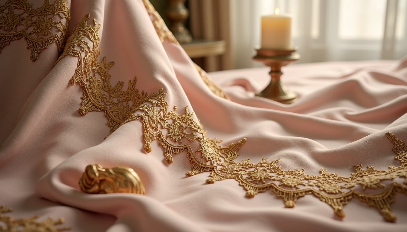 Prompt: Luxurious velvet fabrics, soft pastel hues, ornate golden embroidery, delicate lace trimmings, rich silk drapes, intricate floral patterns, Baroque-inspired designs, opulent tassels, lavish satin textures, subtle sheen finishes, French Renaissance influences, elegant curvaceous lines, whimsical shell motifs, airy light-filled atmosphere, warm candlelit ambiance, soft focused lighting, shallow depth of field, 1/1 composition, realistic fabric simulations.