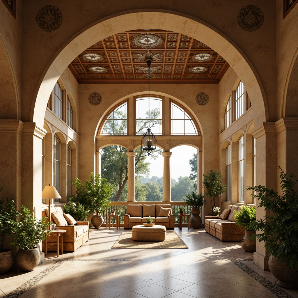 Prompt: Renaissance-style sunroom, grand archways, ornate columns, intricate stone carvings, lavish furnishings, luxurious fabrics, warm beige walls, high ceilings, large windows, stained glass domes, soft natural light, gentle warmth, 1/1 composition, symmetrical framing, subtle shadows, ambient occlusion, realistic textures.