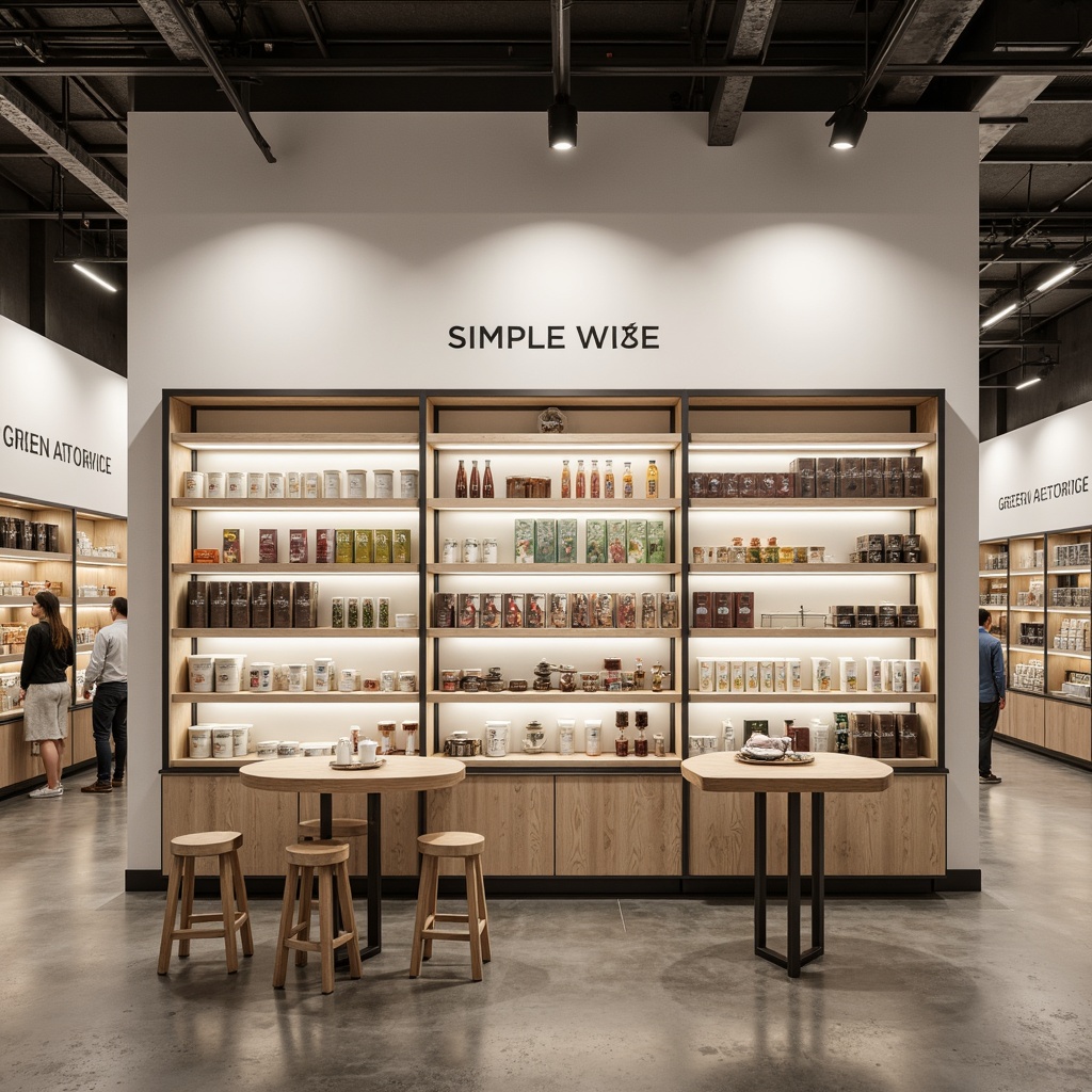 Prompt: Simple, clean-lined display shelves, matte white finishes, subtle branding, neutral color palette, industrial-chic metal frames, minimalist product arrangement, ample negative space, soft, warm lighting, shallow depth of field, 1/1 composition, realistic textures, ambient occlusion, modern grocery store atmosphere, urban loft aesthetic, polished concrete floors, reclaimed wood accents, geometric-shaped display tables, monochromatic product packaging.