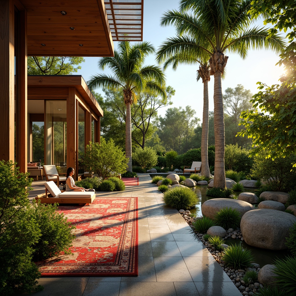 Prompt: Vibrant tropical landscape, lush greenery, exotic plants, warm sunny day, soft golden lighting, natural ventilation, large windows, sliding glass doors, wooden accents, rattan furniture, colorful textiles, intricate patterns, ambient occlusion, shallow depth of field, 3/4 composition, panoramic view, realistic textures, modern tropical architecture, sustainable energy solutions, solar panels, green roofs, eco-friendly materials, innovative cooling technologies, shaded outdoor spaces, misting systems.